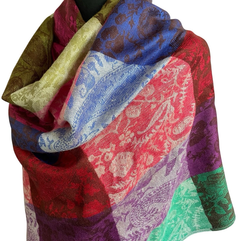 Wrapping Scarf Multicolor Pashmina Silk 72x27" Patchwork Pattern Soft Ethnic - Picture 3 of 5